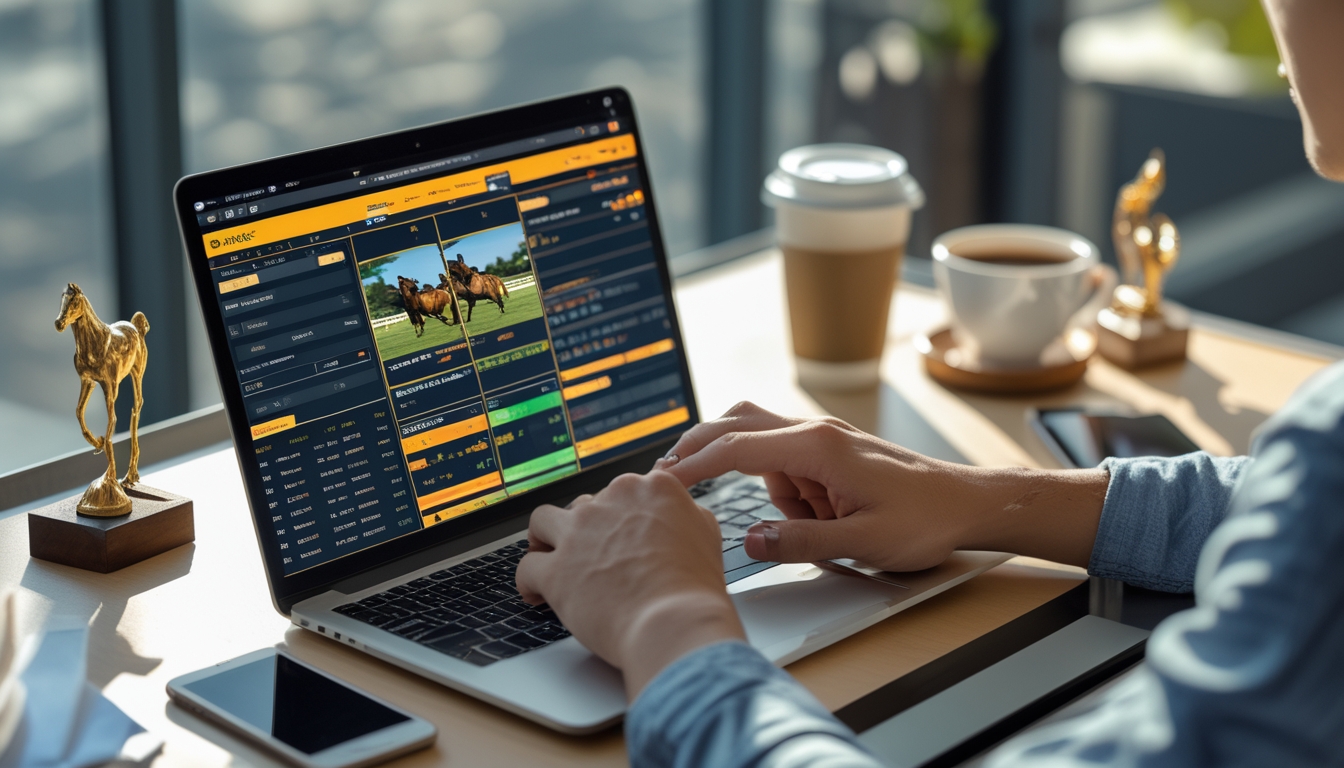Seorang pemuda sedang menggunakan laptop dengan tampilan situs balap kuda online, di meja terdapat ponsel dan cangkir kopi, latar belakang menampilkan dekorasi bertema balap kuda.