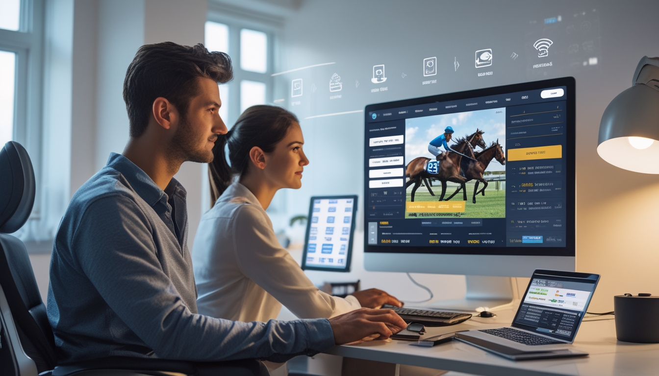 Dua orang dewasa muda duduk di ruang kerja modern, fokus pada layar komputer yang menampilkan grafik balap kuda dan antarmuka taruhan online.