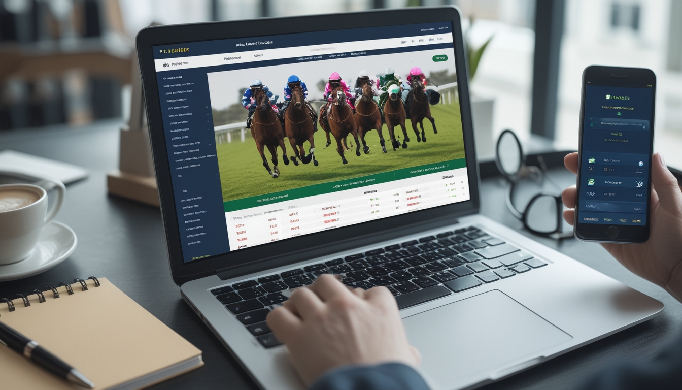 Seorang profesional menggunakan laptop dan ponsel untuk mengakses platform taruhan balap kuda online dengan suasana kerja yang rapi dan terang.