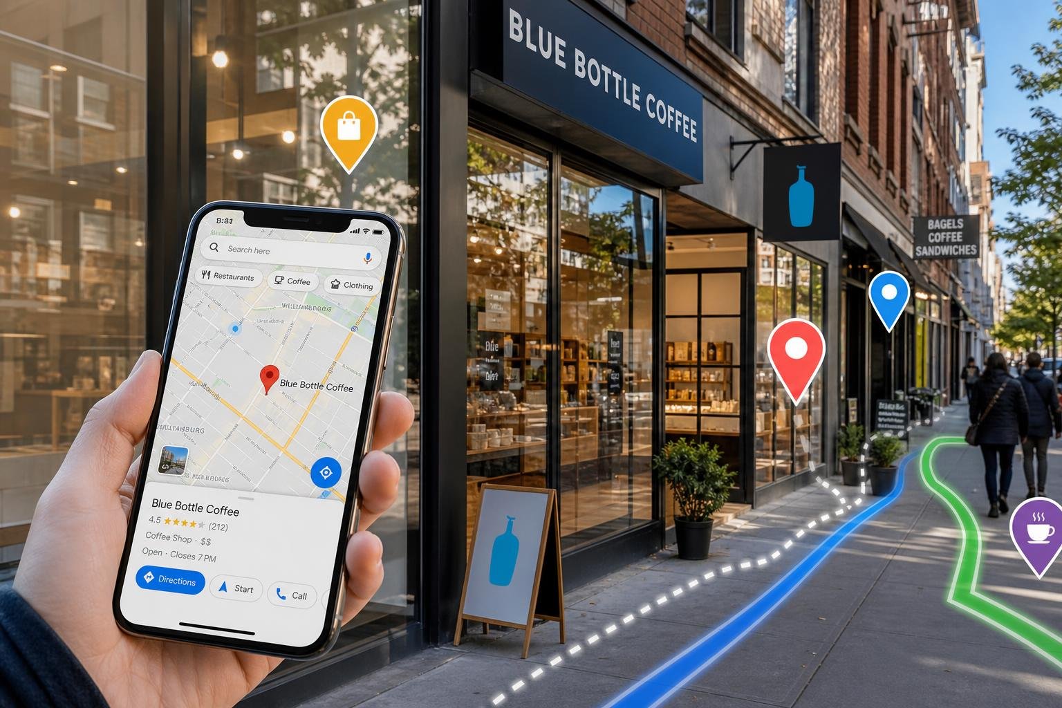 A person holding a smartphone displaying a map with location pins in front of a modern small business storefront on a city street.