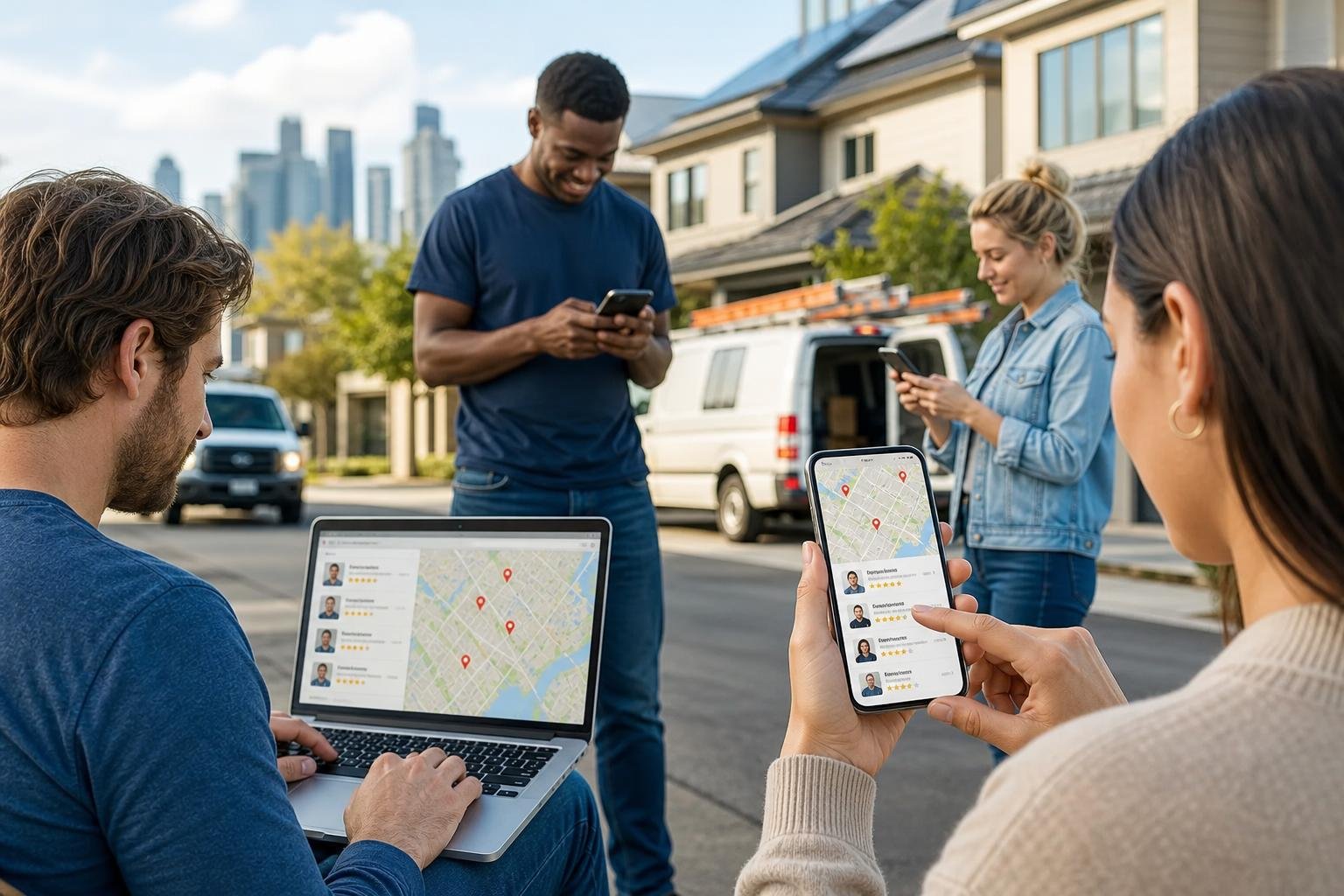 People using smartphones and laptops outdoors to search for plumbers on a digital map in a neighborhood setting.