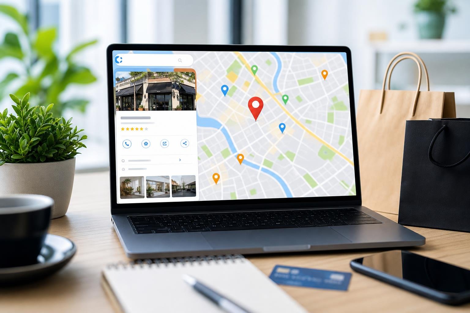 A laptop showing a Google Maps business location surrounded by shopping items on a bright workspace.
