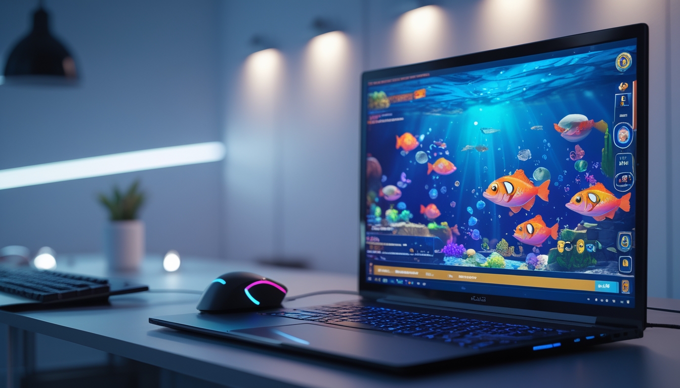 Sebuah komputer menampilkan permainan tembak ikan dengan grafis bawah laut berwarna-warni di lingkungan gaming modern.