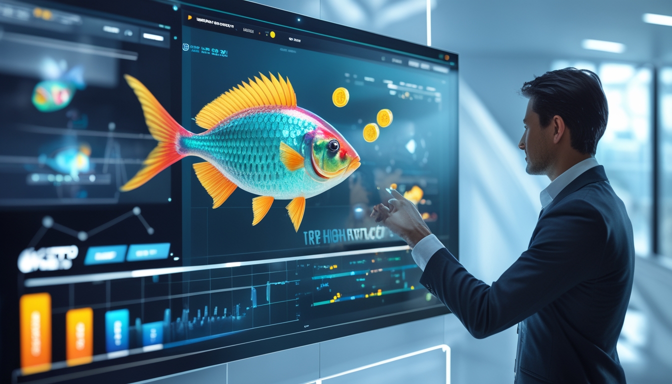 Seseorang menggunakan layar sentuh dengan tampilan permainan tembak ikan digital dan grafik statistik di kantor modern.