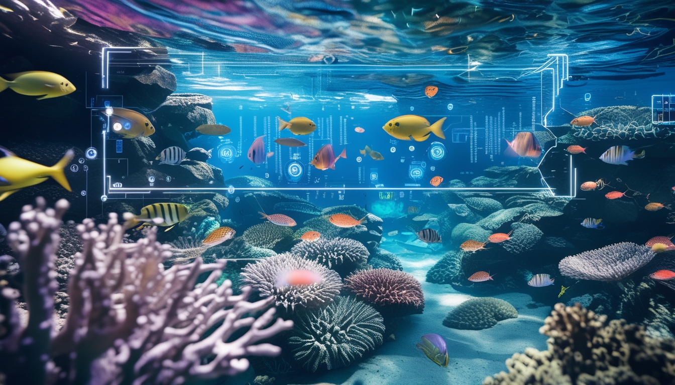 Pemandangan bawah laut yang penuh warna dengan terumbu karang dan ikan tropis yang berenang di sekitar, disertai elemen digital halus yang menunjukkan suasana permainan tembak ikan.