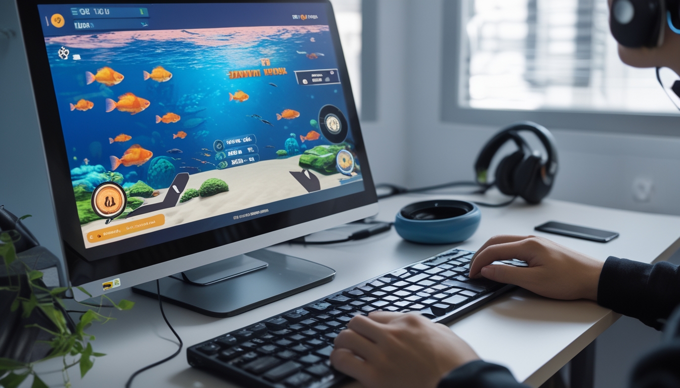 Seseorang sedang bermain game tembak ikan online di komputer dengan tampilan ikan warna-warni dan suasana ruang kerja yang rapi.