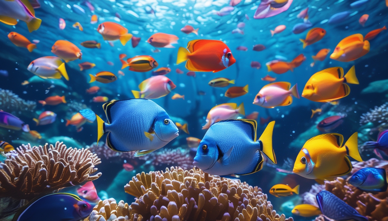 Adegan bawah laut yang penuh dengan ikan tropis berwarna-warni berenang di antara terumbu karang.