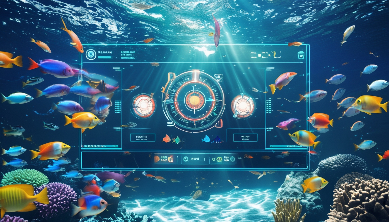 Pemandangan bawah laut berwarna-warni dengan berbagai ikan dan antarmuka permainan tembak ikan digital yang modern.