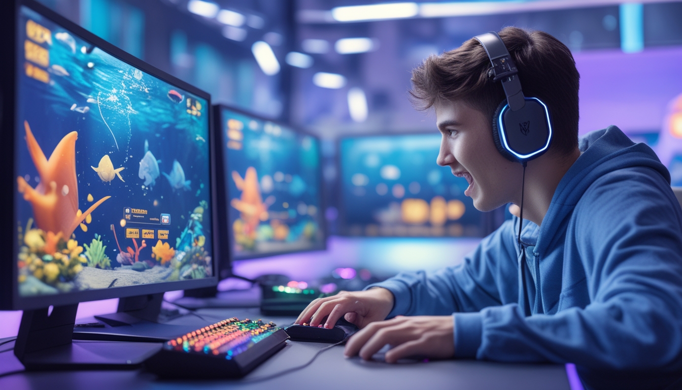Seorang pemain muda fokus bermain game tembak ikan dengan layar komputer berwarna-warni menampilkan ikan dan efek permainan di latar belakang biru dan ungu.