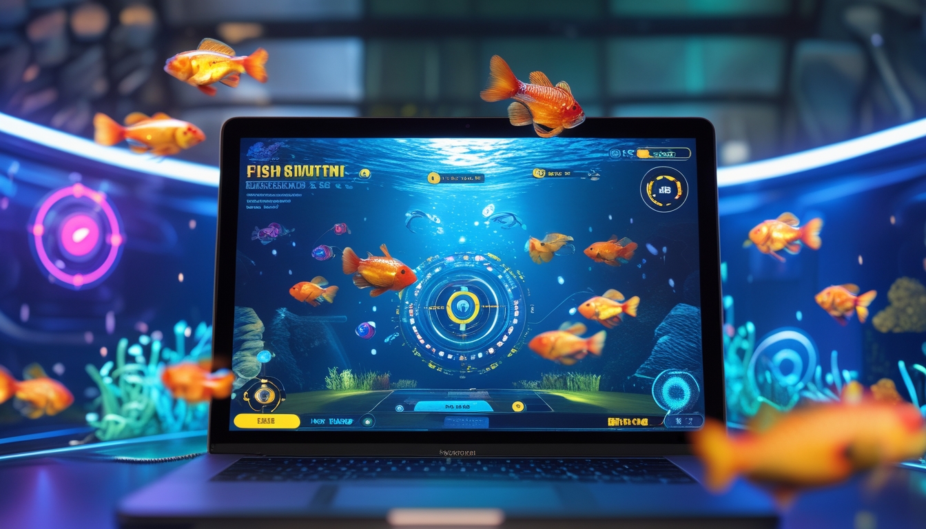 Layar komputer menampilkan permainan tembak ikan online dengan ikan berwarna-warni berenang di latar bawah laut digital.