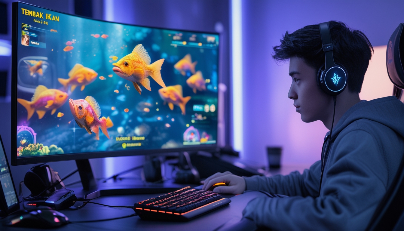Seorang pria muda sedang bermain game tembak ikan di komputer dengan latar belakang lampu biru dan ungu, fokus pada layar yang menampilkan permainan ikan warna-warni.