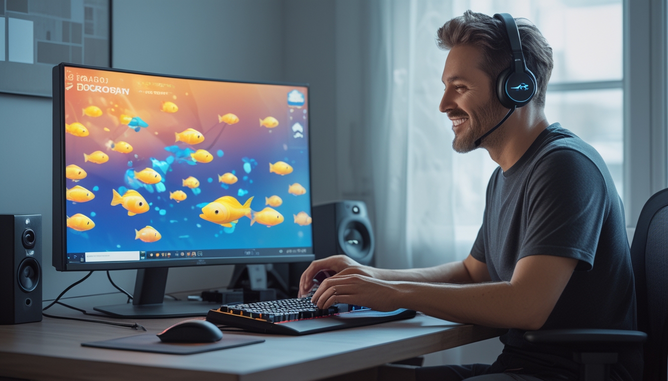 Seorang gamer dewasa sedang bermain permainan tembak ikan di komputer dengan latar ruang kerja yang rapi dan pencahayaan alami.