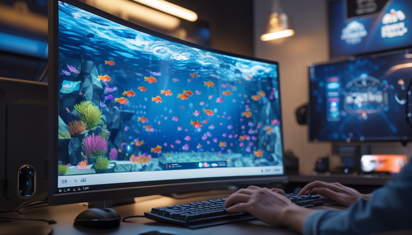 Seorang pemain sedang bermain game menembak ikan di komputer dengan layar penuh warna dan latar ruangan gaming yang modern.