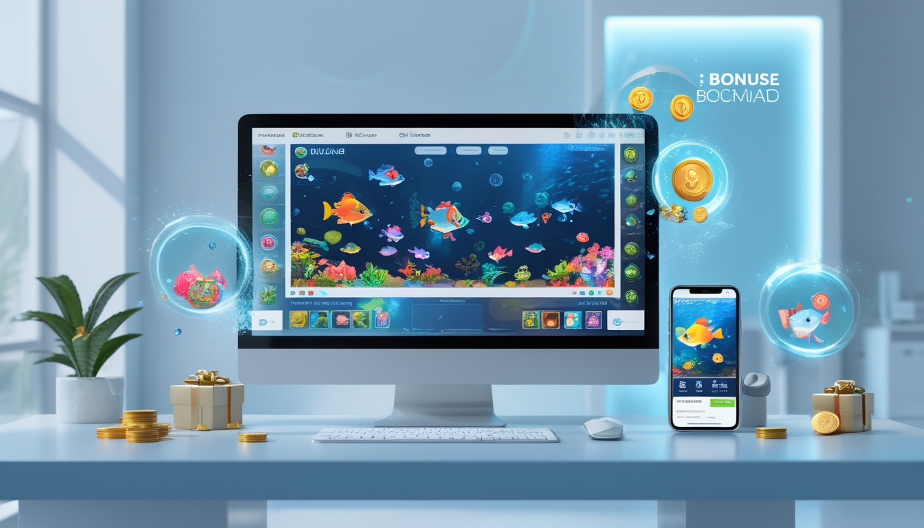 Tampilan perangkat digital yang menampilkan permainan tembak ikan dengan berbagai ikan berwarna-warni dan simbol bonus di latar belakang bawah laut.