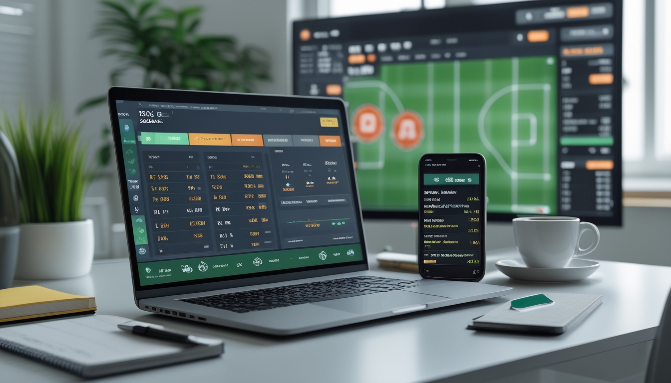 Seorang profesional sedang bekerja di meja dengan laptop, ponsel, dan layar besar yang menampilkan grafik pertandingan sepak bola dan peluang taruhan.