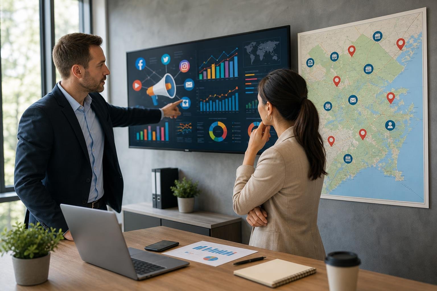 Two business professionals discussing digital marketing and local SEO strategies with a digital screen and a map of Brazoria County in a modern office.