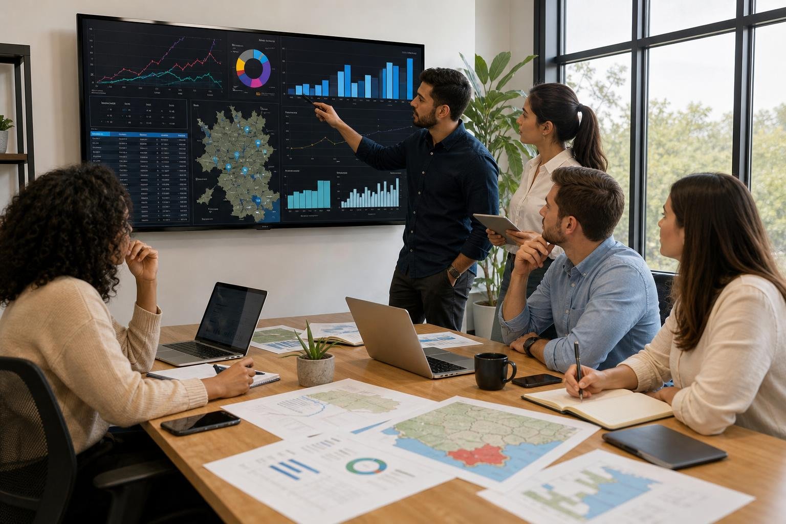 A group of marketing professionals discussing charts and maps related to digital marketing and local SEO in a bright office.