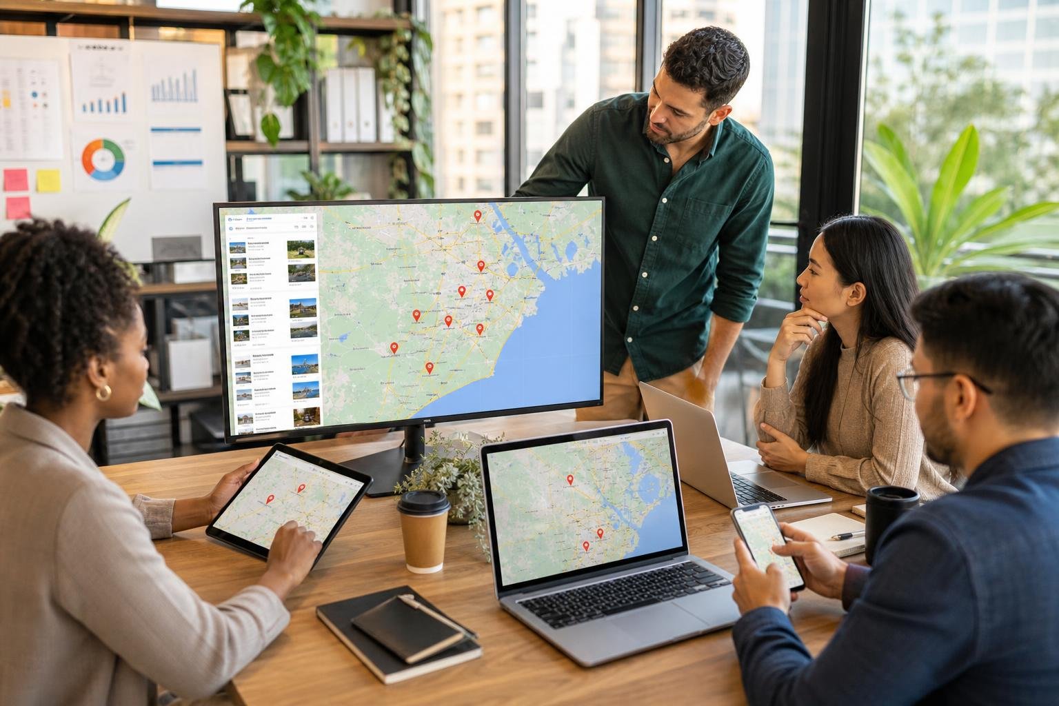 A diverse team of marketing professionals collaborating around a desk with devices showing maps and local business listings focused on Brazoria County.