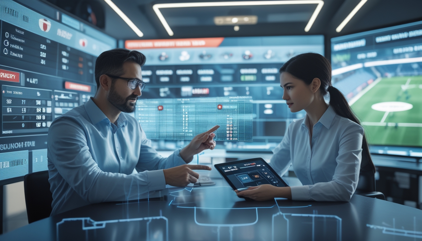 Seorang pria dan wanita sedang menganalisis data taruhan bola dengan layar digital di kantor modern.