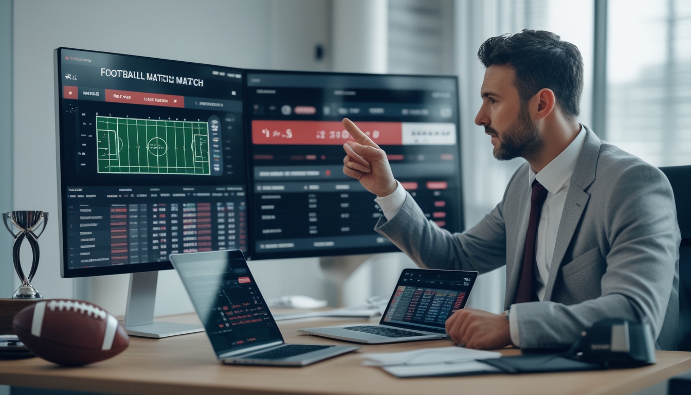 Seorang analis olahraga sedang memeriksa statistik dan peluang pertandingan sepak bola di beberapa layar komputer di sebuah kantor modern.