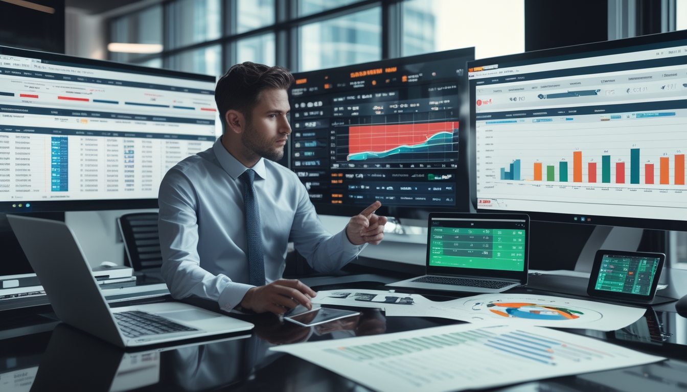 Seorang analis olahraga sedang mempelajari statistik pertandingan sepak bola dan peluang taruhan di depan beberapa layar digital di kantor modern.