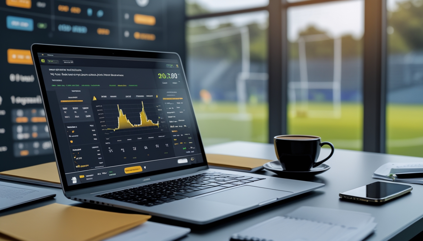 Meja kerja modern dengan laptop yang menampilkan grafik dan data taruhan sepak bola, ponsel dengan skor pertandingan langsung, dan secangkir kopi.