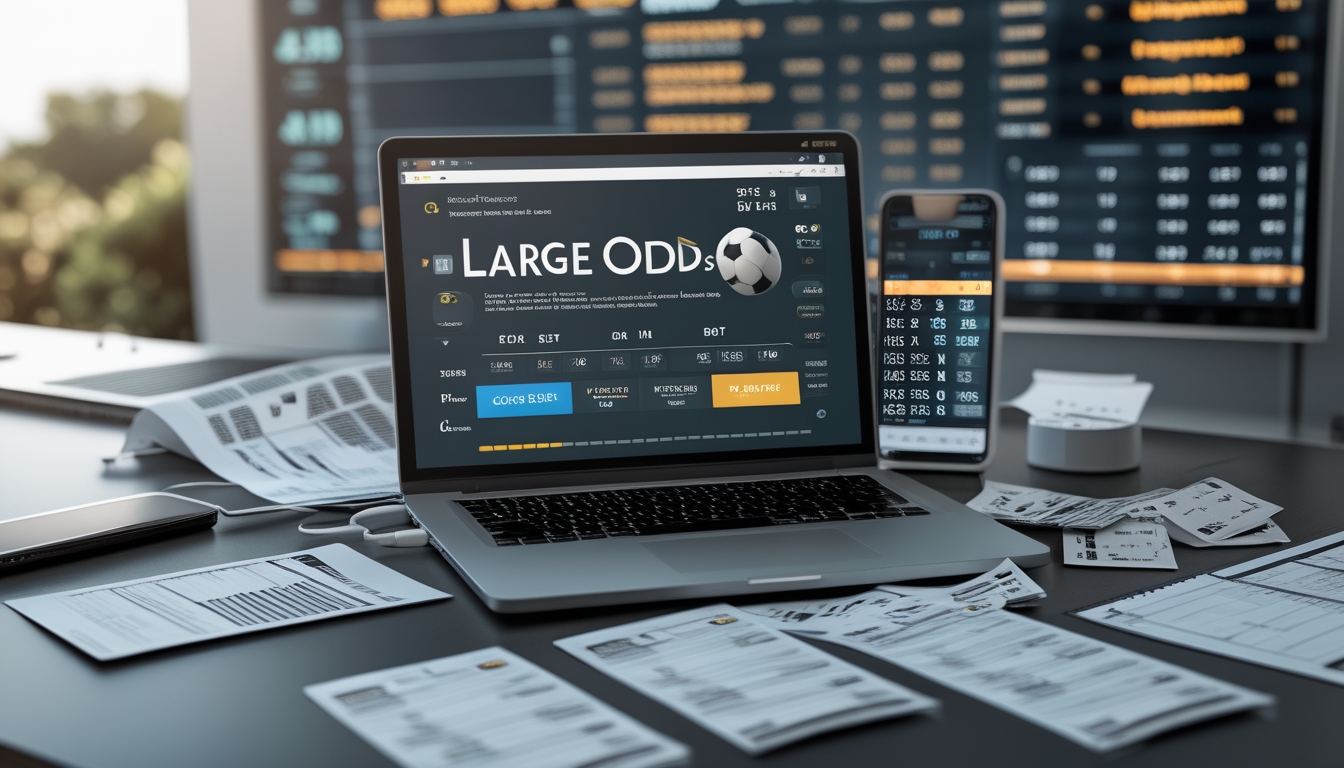 Meja kerja dengan laptop menampilkan angka taruhan bola, slip taruhan, ponsel dengan skor pertandingan, dan grafik analisis taruhan.