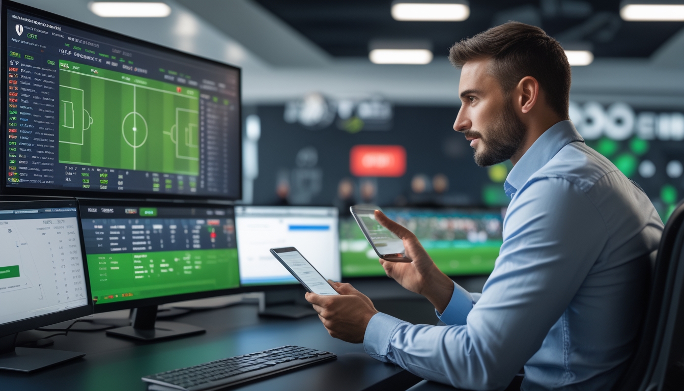 Seorang pria sedang menganalisis peluang taruhan sepak bola di depan layar digital besar di kantor taruhan olahraga modern.