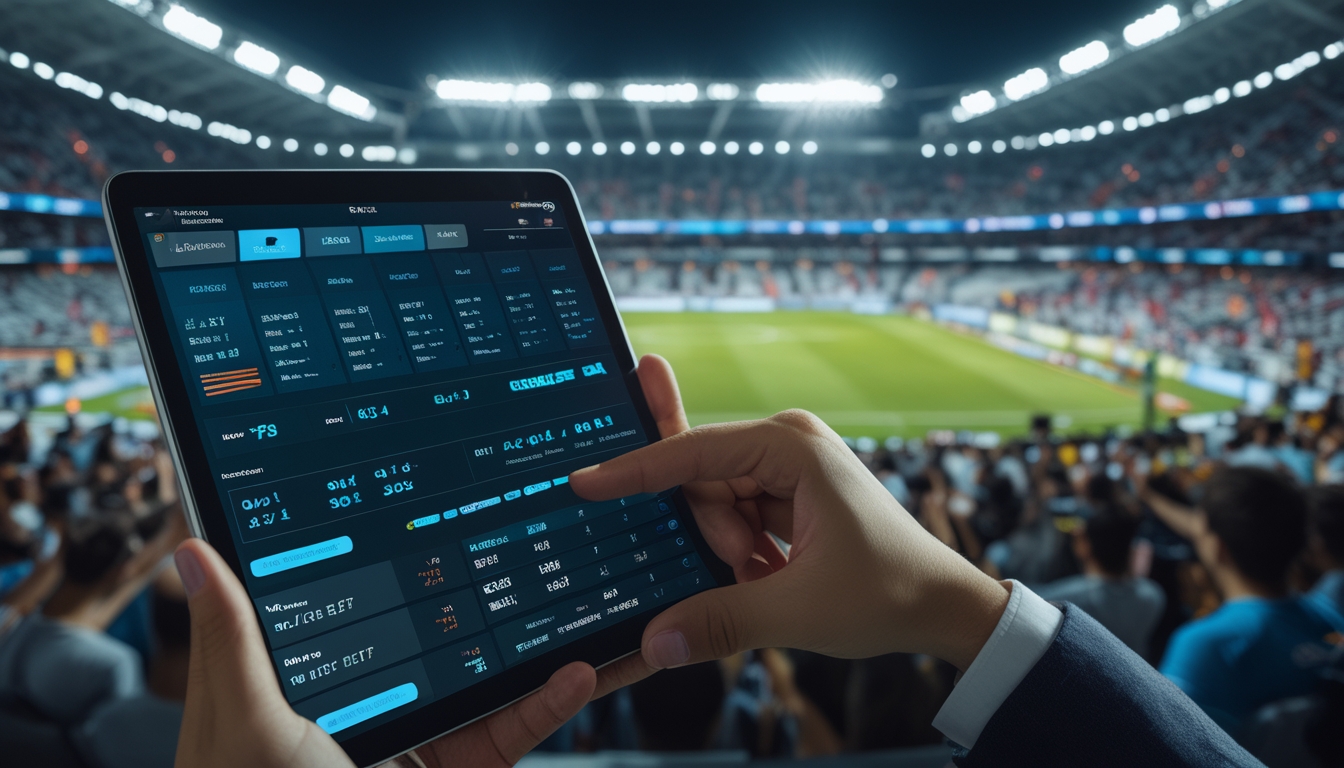 Seseorang memegang tablet dengan tampilan taruhan sepak bola dan latar belakang stadion penuh penonton yang sedang bersorak.