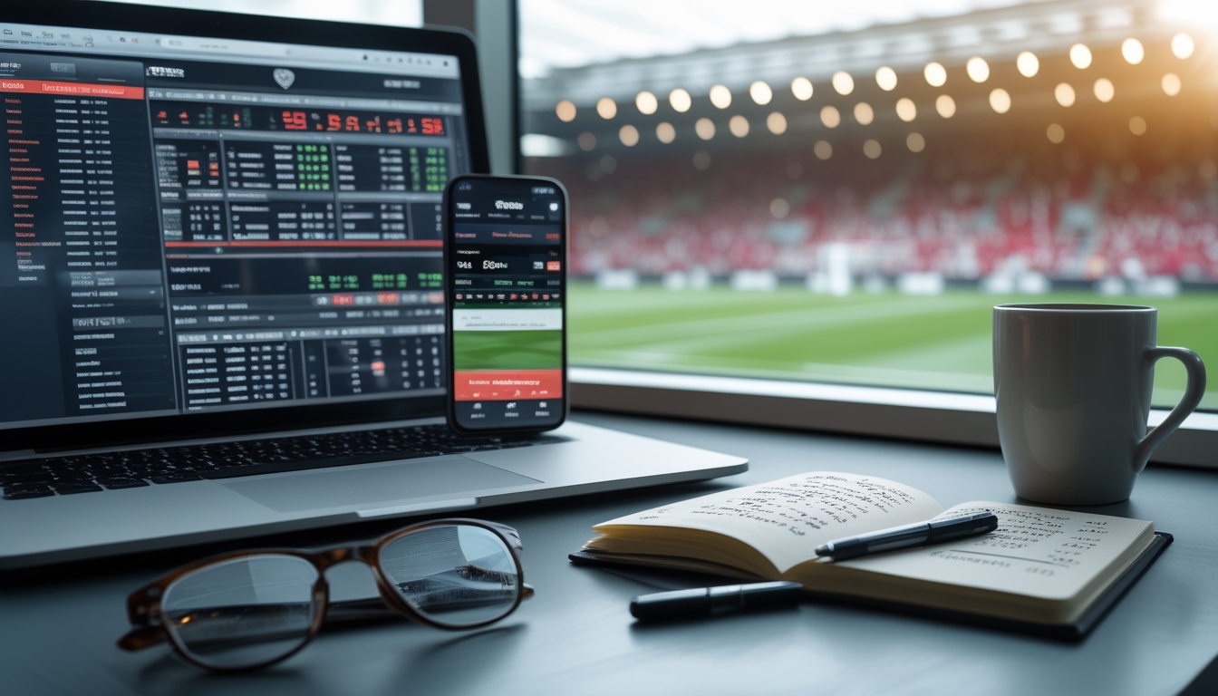 Meja kerja dengan laptop menampilkan grafik peluang taruhan bola, ponsel dengan pembaruan pertandingan sepak bola, dan catatan tulisan tangan, dengan latar belakang stadion sepak bola yang kabur.