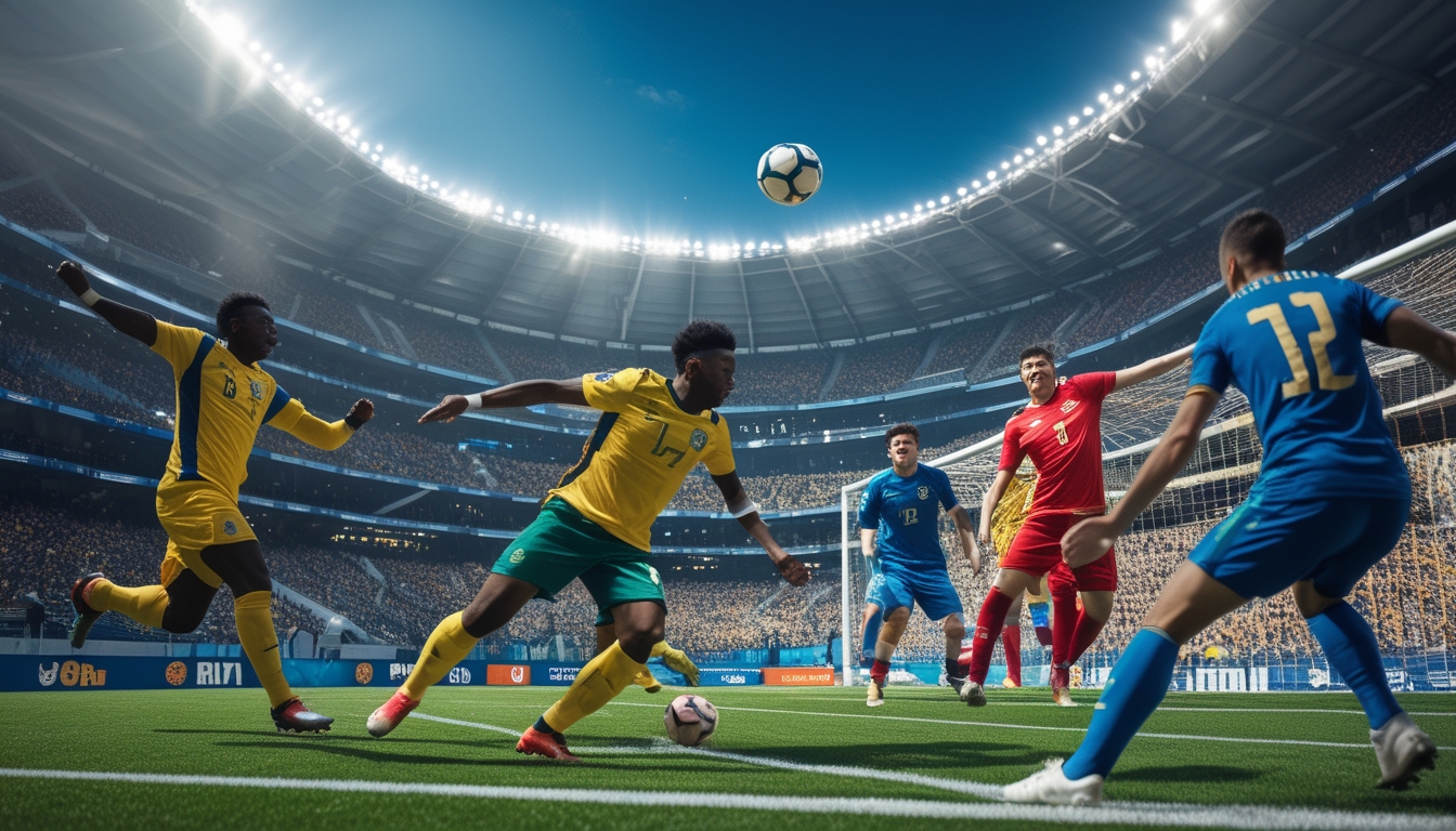 Pertandingan sepak bola yang intens di stadion penuh penonton, menampilkan tim underdog yang bersemangat menyerang gawang lawan.