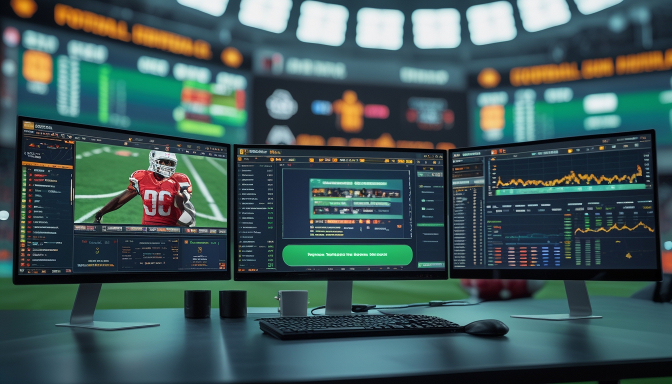 Seorang analis olahraga di depan meja dengan beberapa layar menampilkan statistik dan grafik taruhan sepak bola, menyoroti tim underdog.