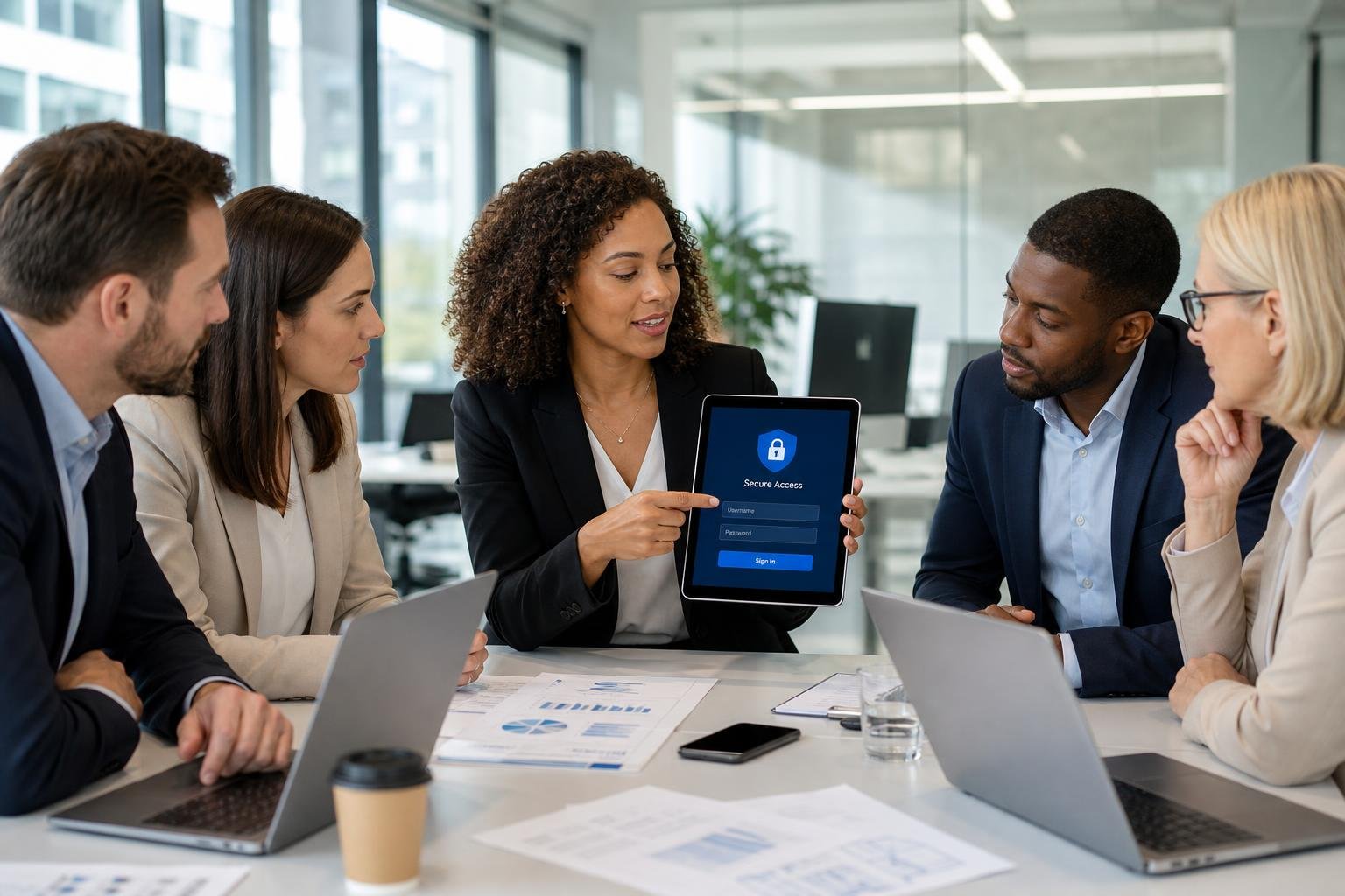 A group of business professionals in an office discussing while a woman points at a tablet showing a secure login screen.