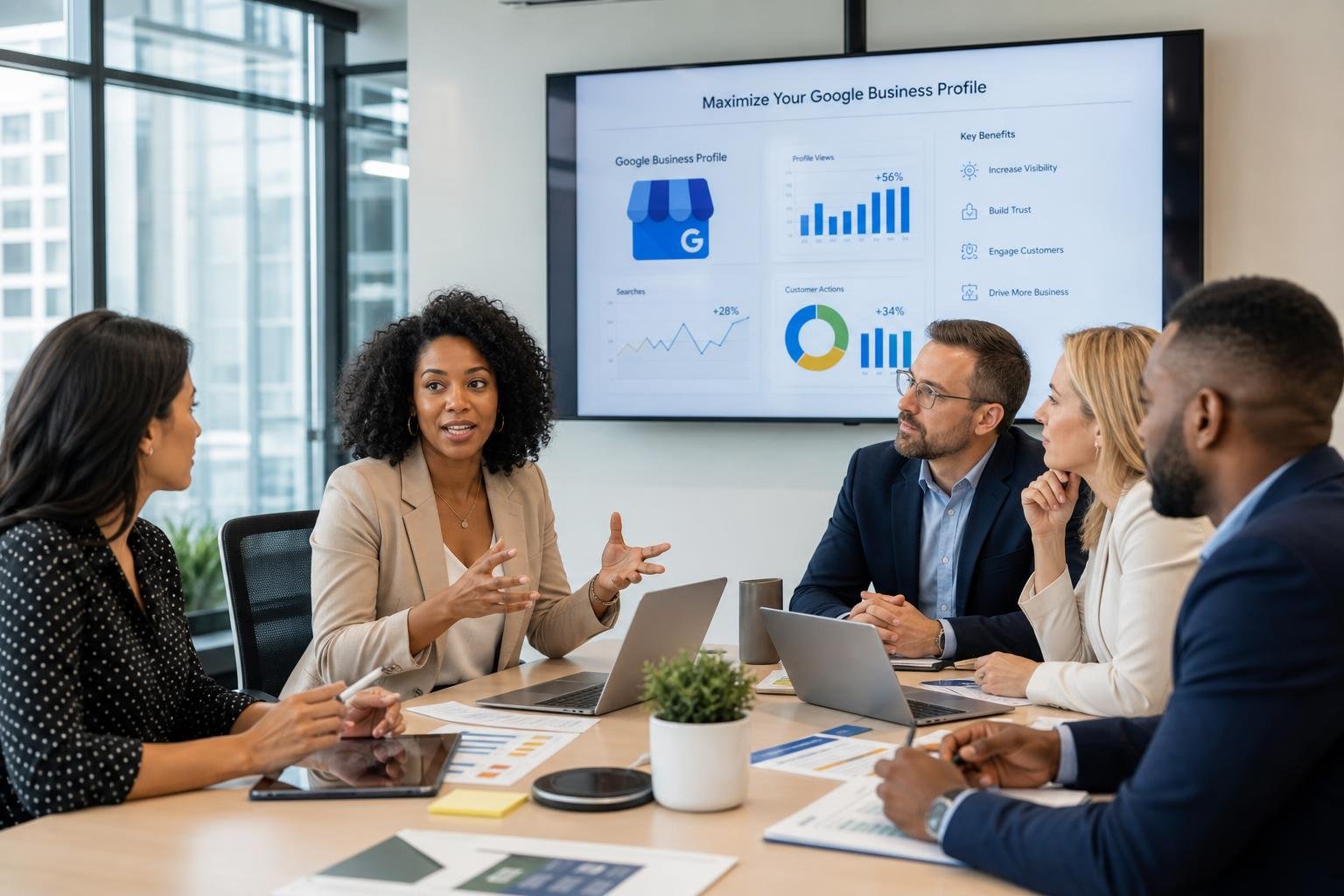 A group of business professionals discussing plans around a conference table with laptops and charts in a modern office.