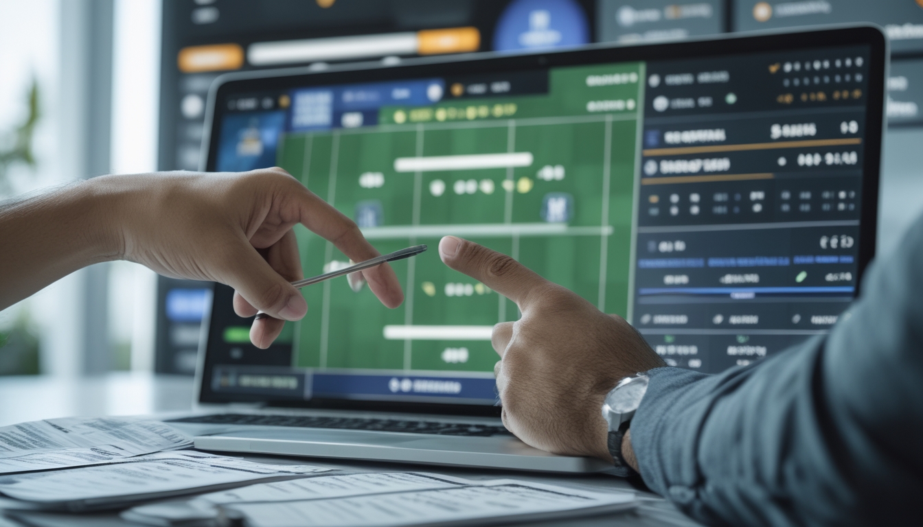 Seseorang sedang menganalisis peluang taruhan bola di depan laptop dengan layar pertandingan sepak bola di latar belakang.