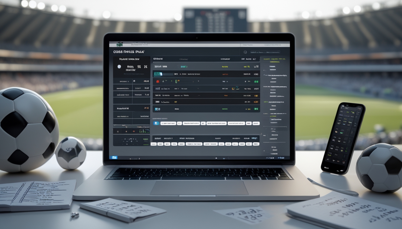 Meja kerja dengan laptop menampilkan kombinasi taruhan bola, bola sepak di samping, dan latar belakang stadion sepak bola dengan penonton.