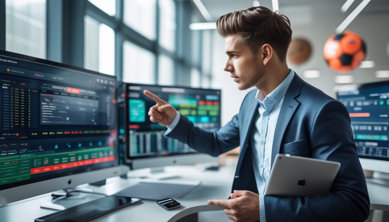 Seorang pria muda sedang menganalisis data taruhan bola di layar digital di dalam kantor modern.