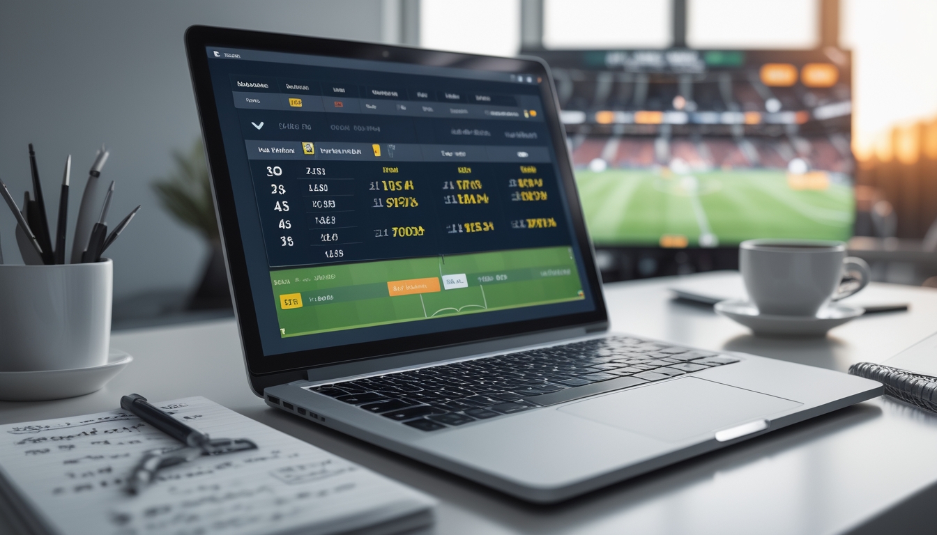 Seorang pria sedang menggunakan laptop dengan tampilan odds taruhan bola tinggi, di meja terdapat catatan dan kopi, dengan layar besar menampilkan pertandingan sepak bola langsung di latar belakang.