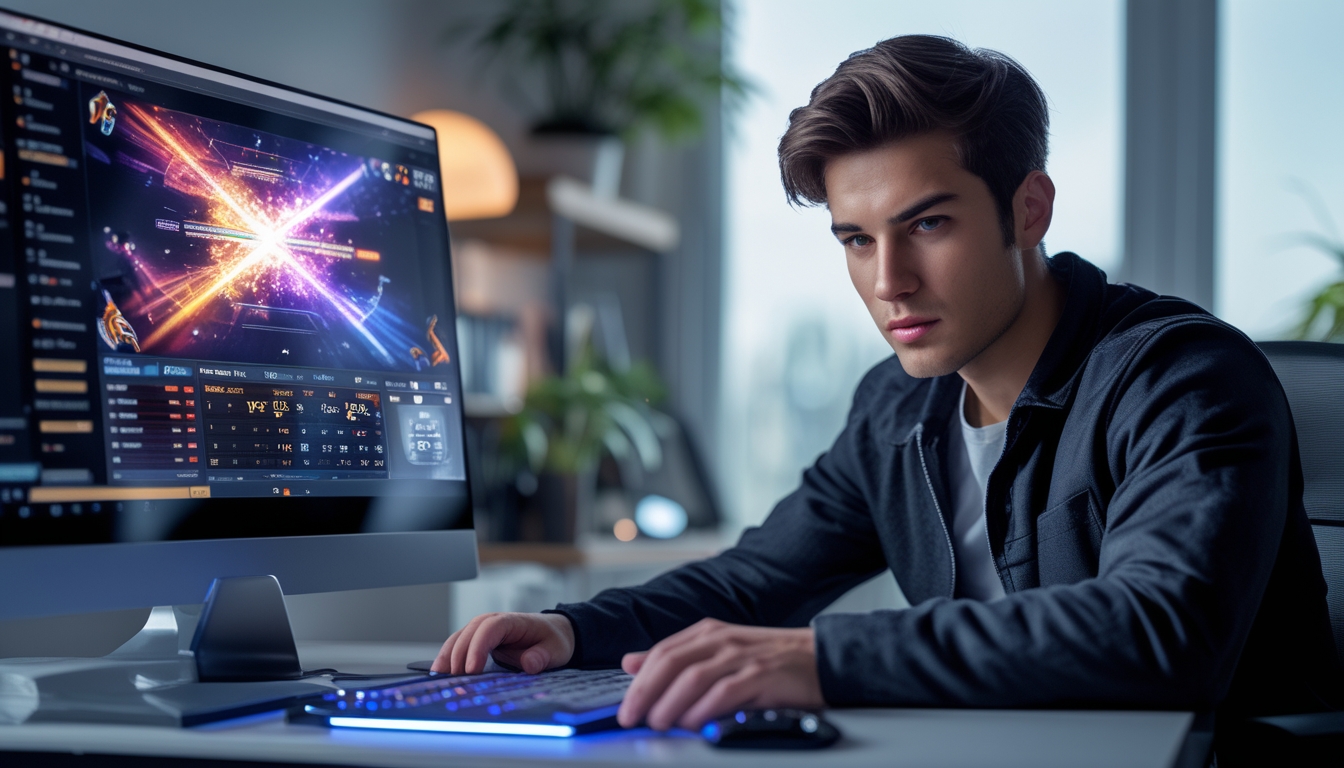 Seorang pria muda duduk di meja dengan laptop dan ponsel, fokus menggunakan perangkat digital di ruang kerja yang nyaman.