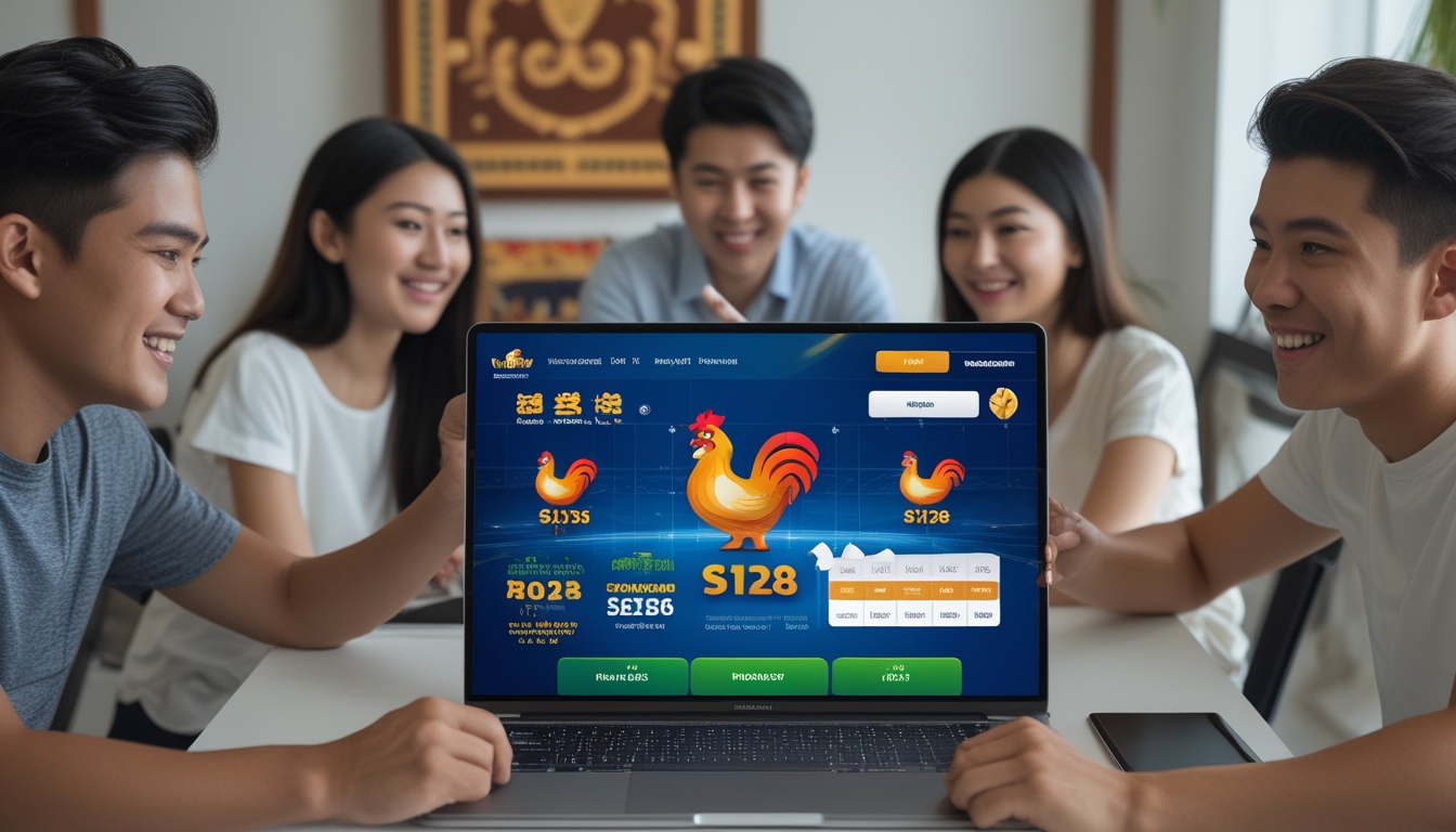 Beberapa orang muda sedang menggunakan perangkat digital untuk mengakses platform sabung ayam, dengan suasana ruangan yang terang dan dekorasi budaya Indonesia di latar belakang.