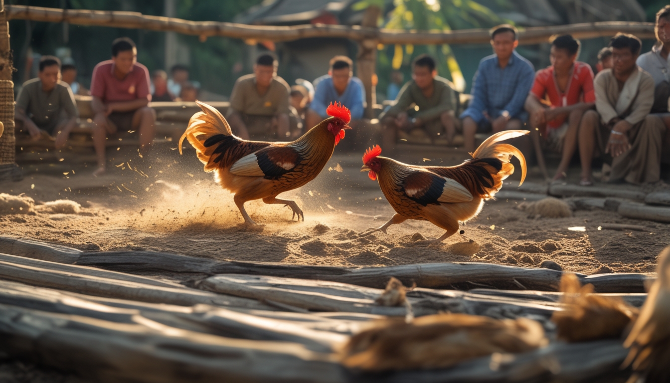 Dua ayam jantan sedang bertarung di arena sabung ayam dengan beberapa penonton yang memperhatikan di latar belakang.