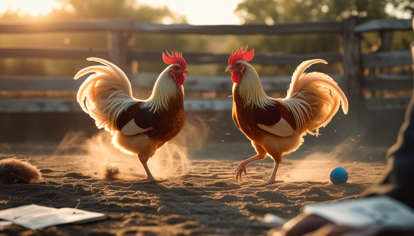 Dua ayam jago sedang bertarung di arena luar ruangan dengan latar pagar kayu dan seseorang mengamati dengan serius.