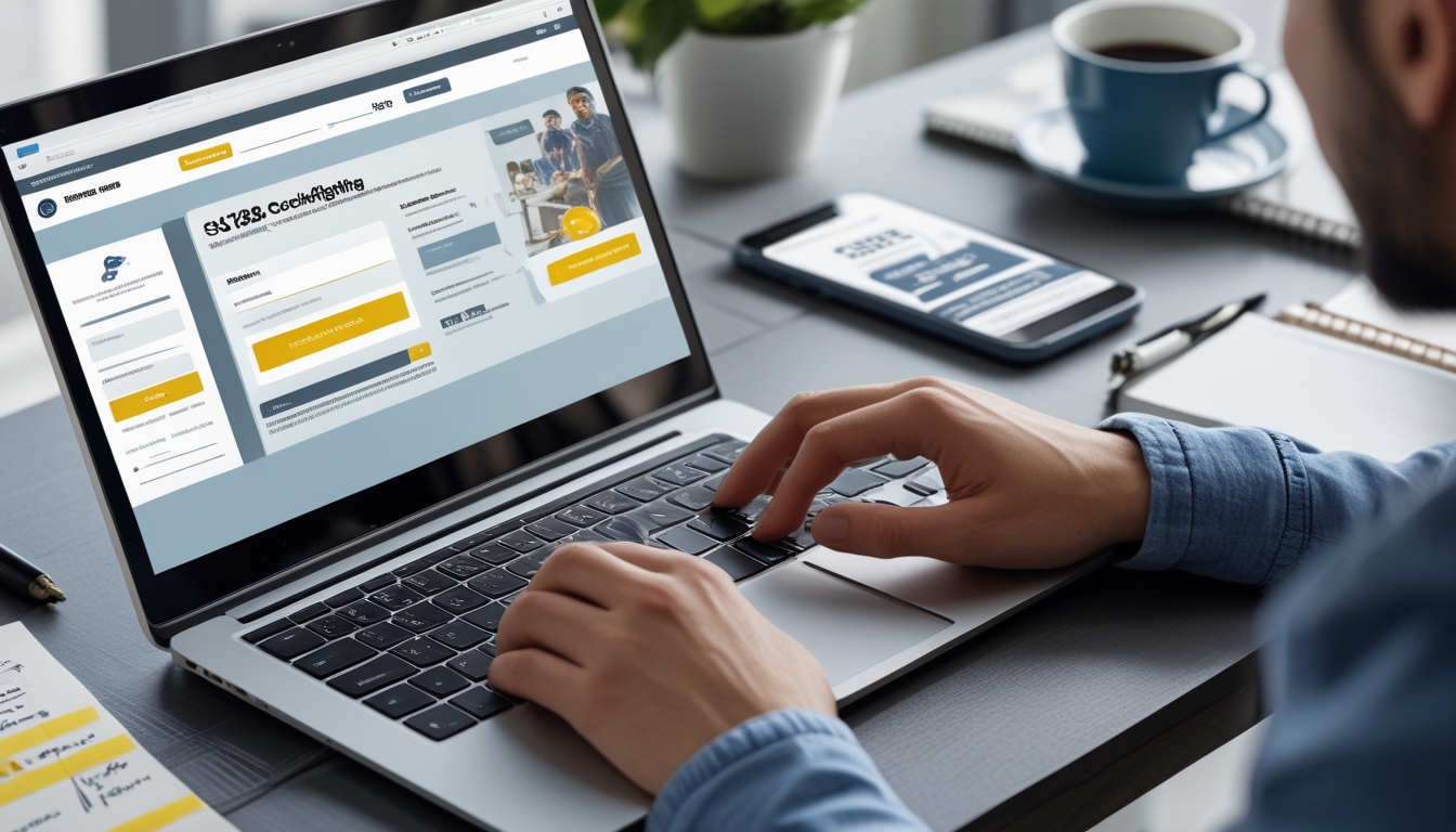 Meja kerja dengan laptop dan tangan seseorang yang sedang menggunakan situs pendaftaran online, dilengkapi smartphone dan alat tulis di sekitarnya.