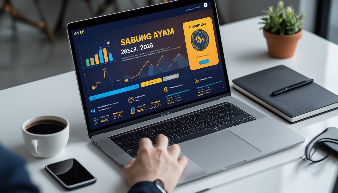Seorang profesional menggunakan laptop di meja kerja yang rapi dengan tampilan antarmuka platform online Sabung Ayam S128 yang menampilkan grafik dan penawaran bonus pendaftaran.