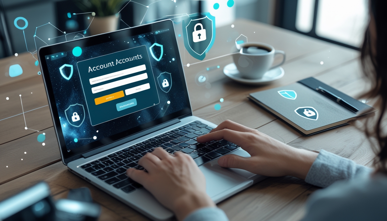 Orang sedang mendaftar akun secara online di laptop dengan simbol keamanan di sekitar.