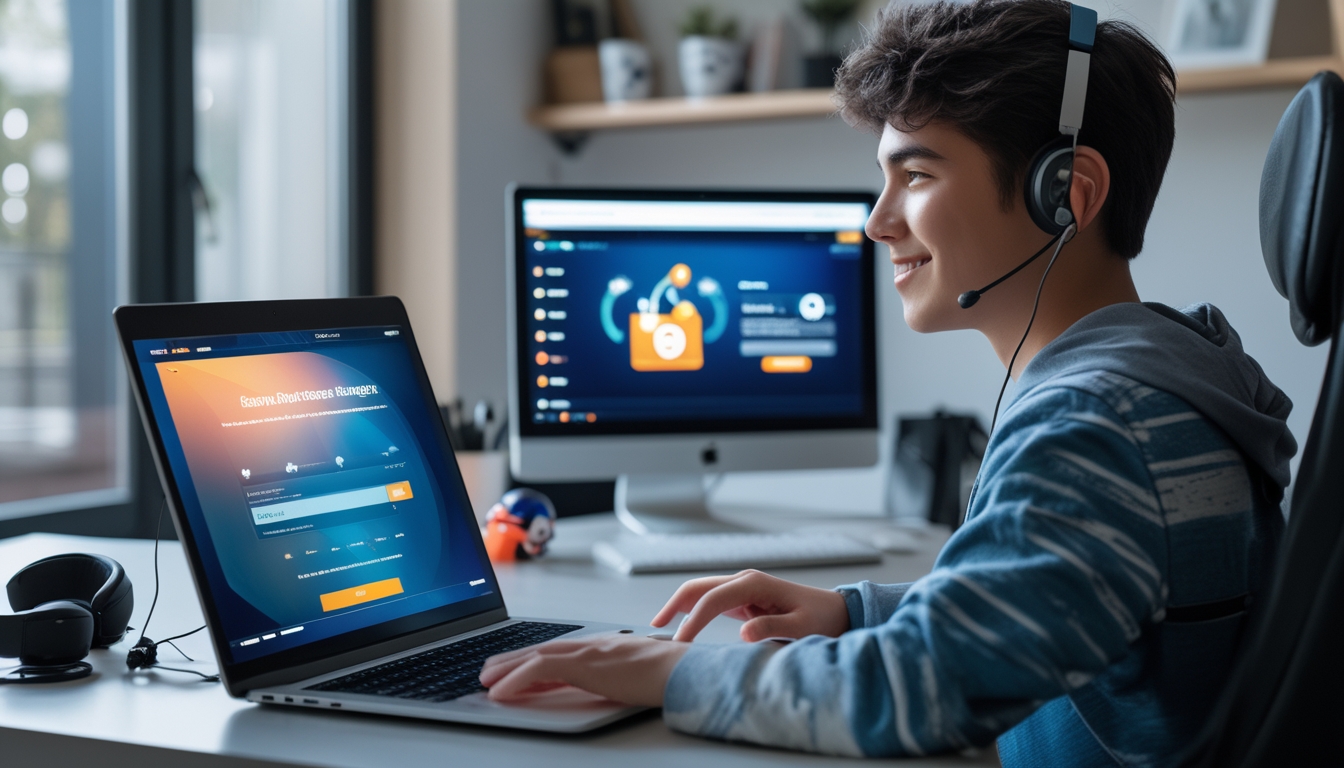 Seorang dewasa muda duduk di meja dengan laptop terbuka, sedang mendaftar secara online di ruangan kerja yang nyaman dan terang.