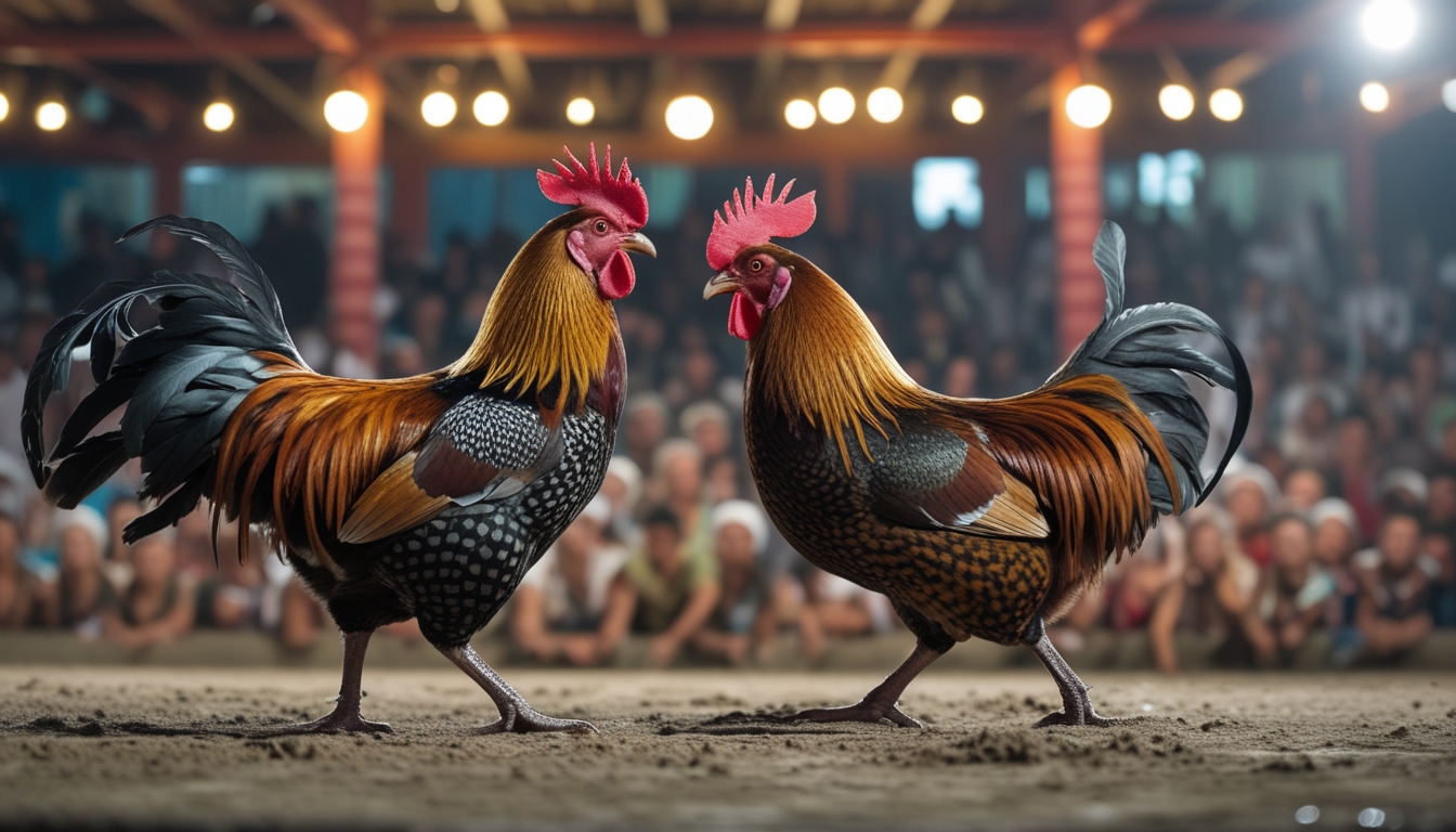 Dua ayam jago sedang bertarung di arena sabung ayam dengan penonton yang antusias menyaksikan pertandingan.