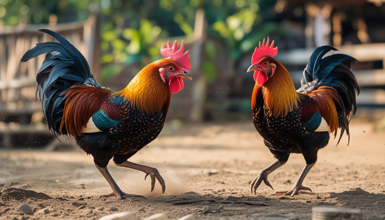 Dua ayam jago berwarna cerah sedang bertarung di luar ruangan dengan latar belakang pagar kayu dan dedaunan hijau.