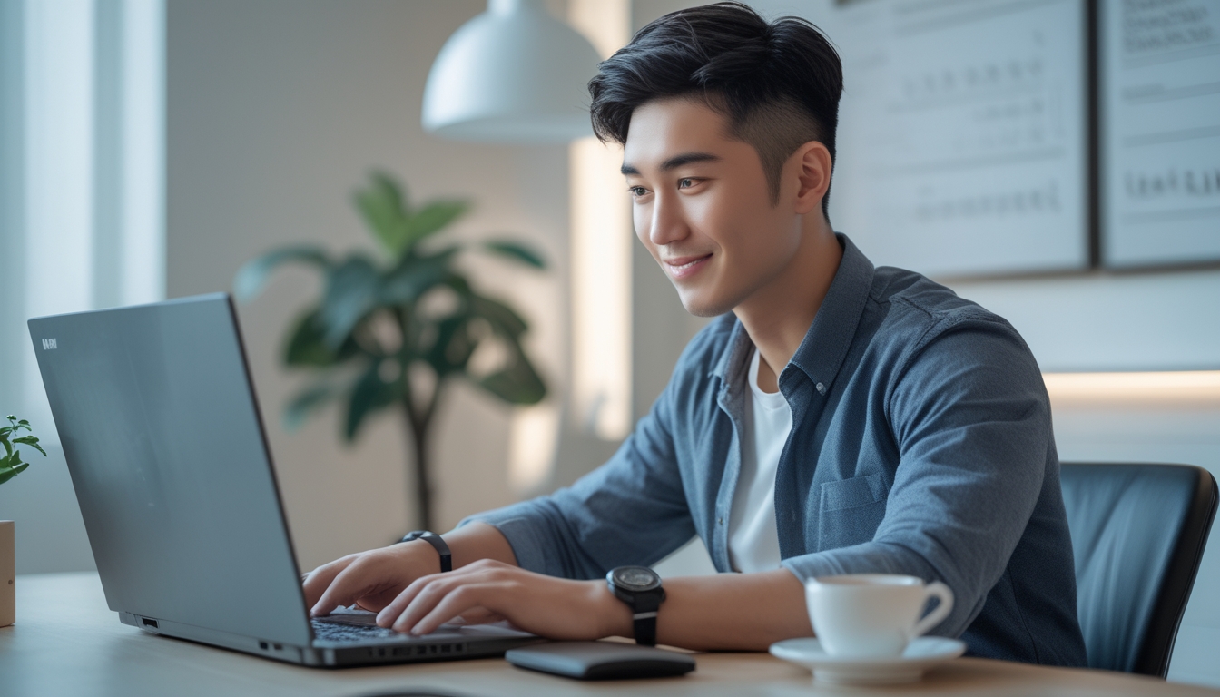 Seorang pria muda duduk di meja dengan laptop, sedang mendaftar akun secara online di ruangan yang terang dan rapi.