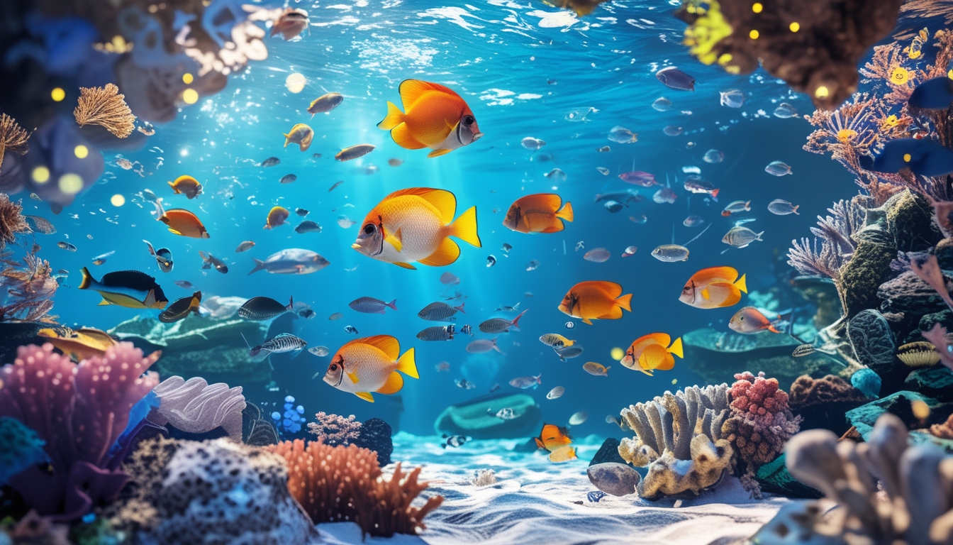 Pemandangan bawah laut yang penuh ikan tropis berwarna-warni berenang di sekitar terumbu karang dengan cahaya matahari menembus air.